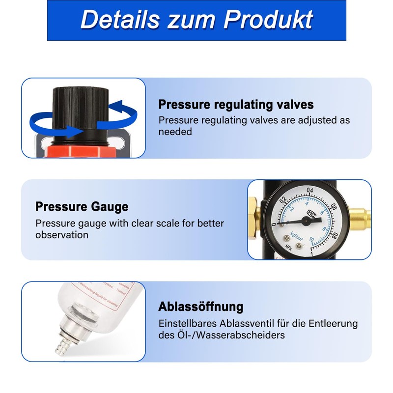 Compressed Air Pressure Regulator, 1/4 Inch Compressed Air Maintenance Unit