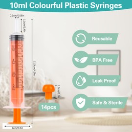 14Pcs Colourful Plastic Syringe with Cap, 10ml Syringe Liquid Measuring Syringes, 7 Colors Sterile Colostrum Syringes for Labs Measuring Animal Feeding Plant Watering
