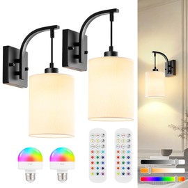 Battery Operated Wall Sconces Set of 2 - Black Rechargeable Wall Sconces with Remote & Bulbs, Indoor Not Hardwired Wall Lights, 15 Colors Dimmable Cordless Wall Lamps for Living Room Bedroom Hallway