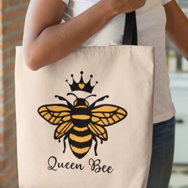 Queen Bee Tote Bag - Women Gifts Shopping Organic Cotton Fabric Carrier Reusable Shopper Sassy Happy Quote Slogan Handbag Bees Accessories Present Bumblebee Pretty (One Size, Black Handle)