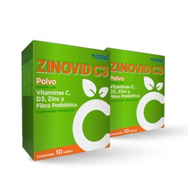 CMD - ZINOVID C3 - Polvo Soluble con Vitaminas C, D3, Zinc y Fibra Prebiótica - Suplemento Alimenticio - 2 cajas de 10 sobres