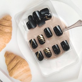 24pcs Square Press on Nails Short Acrylic Fake Nails Fashion Black-Gold Line Designs Full Cover Short Nails Glossy Black Solid Color False Nails Artificial Glue on Nails for Manicure Art