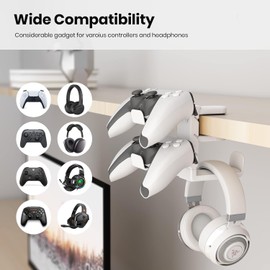 3 in 1 PC Gaming Headphone & Controller Holder, Headphones Hanger Adjustable Rotating Arm Clamp,Headphone Stand Under Desk, Universal Headset Controllers Hook with Cable Organizer-Black (White)
