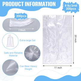 Hushee 200 Pcs 8lb Ice Bags with Strap Ties, 11 x 20 Inch 3 Mil Heavy Duty Plastic Ice Cube Bags, Food Grade Leak Proof Commercial Grade Bucket Liners for Freezer, Coolers, Camping, Food Storage