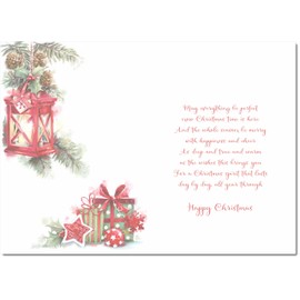 doodlecards Daughter and Partner Christmas Card Lamp and Parcels Medium Size Christmas Card for Daughter & Partner with Plain Envelope