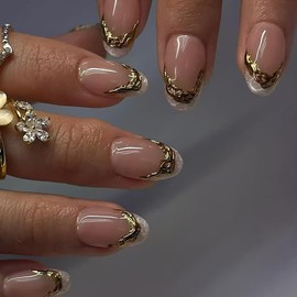 French Tip Press on Nails Medium Almond Fake Nails Nude Pink Acrylic Nails Cute False Nails with Designs Glossy Artificial Nails Round Head Almond Nails Press ons Full Cover Glue on Nails for Women