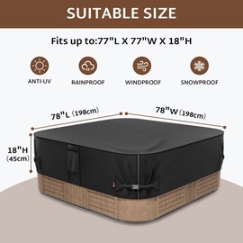 iBirdie Outdoor Waterproof Hot Tub Cover 78 x 78 inch fit 76 x 76 or 75 x 75 or 77 x 77 Square SPA 600D Heavy Duty Weatherproof Protectors Protective Cover Cap