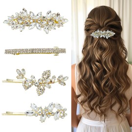 4 Pieces Rhinestone Hair Clips Gold Leaf Wedding Hair Pins Crystal Bobby Pins Silver Bridal Hairpin Barrette for Brides Bridesmaids Flower Girls