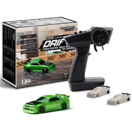 FLYCOLOR Turbo Racing 1:76 Scale Drift RC Car with Gyro Mini Full Proportional RTR 2.4GHZ Remote Control with 2 Replaceable Body Shell (C64-Green)