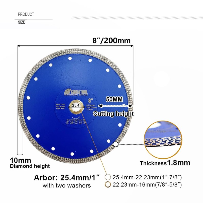 SHDIATOOL Diamond Saw Blade 8 Inch Cutting Disc Porcelain Tile