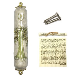 CAMATET 3.5" Hand-Painted Enamel Mezuzah with Scroll for Door - Vintage Hollow Design with Crystal Accents for Jewish House Warming Gift, Hannukah Decor (Green, Small)