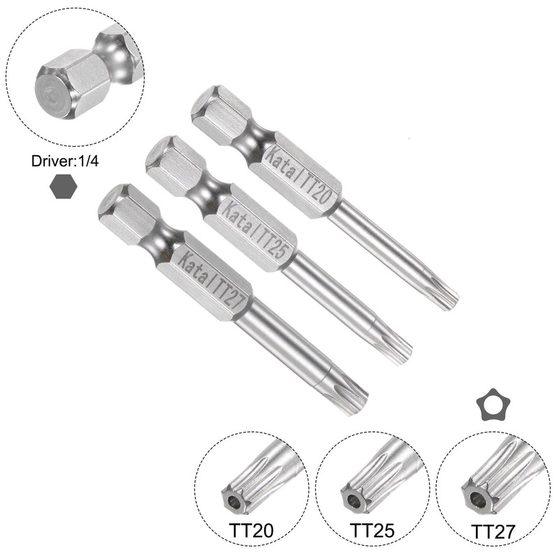 sourcing map 3pcs TT20-TT27 Star 7 Point Screwdriver Bit 1/4"