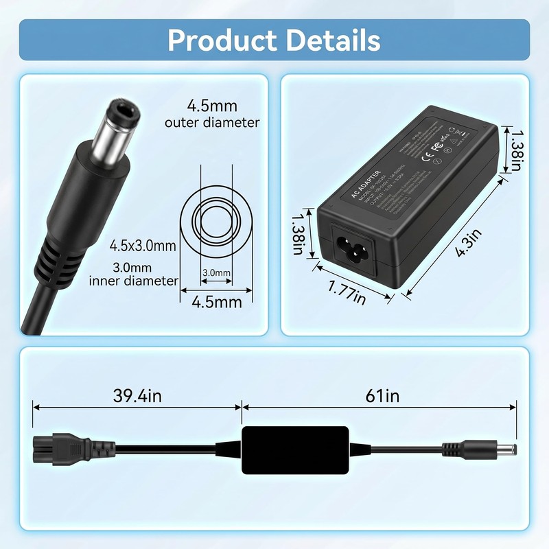 65W 4.5mm AC Adapter for Dell 14 15 16 Laptop