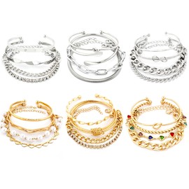HaHaGirl 24 PCS (6lots) Gold Chain Bracelets Set and 3 Pcs Gold Chain Necklace Multiple Layered Stackable Open Cuff Wrap Bangle Adjustable Link for Women