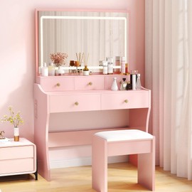 COMHOMA Makeup Vanity Desk with Mirror and Lights, Vanity Table and Chair Set with 5 Drawers and Charging Station, Bedroom Dresser LED Mirror Stepless Dimmable & 3 Color Modes Adjustable, Pink
