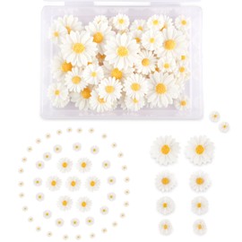 100 pcs Mini Daisy Decorations, Artificial Resin Daisy Flowers Resin Crafts Small Decorative Daisies Charms, White Flatback Daisy Flowers with Storage Box for DIY Crafts, Party And Home Decoration