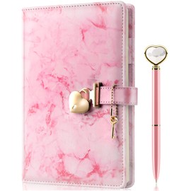 Mousbull Marble Diary with Lock and Key and Pen for Girls, Cute Heart Shaped Lock Journal for Women, Refillable A5 Vintage Secret PU Leather Notebook Gift for Teen Girls - Light Pink