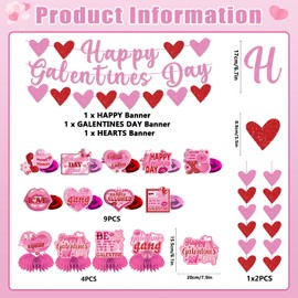 53pcs Galentines Day Decorations Set Include No-DIY Pink Red Glitter Happy Galentines Day Banner Heart Garland Hanging Swirls Honeycomb Centerpieces for Home Office Galentine’s Party Decor Supplies
