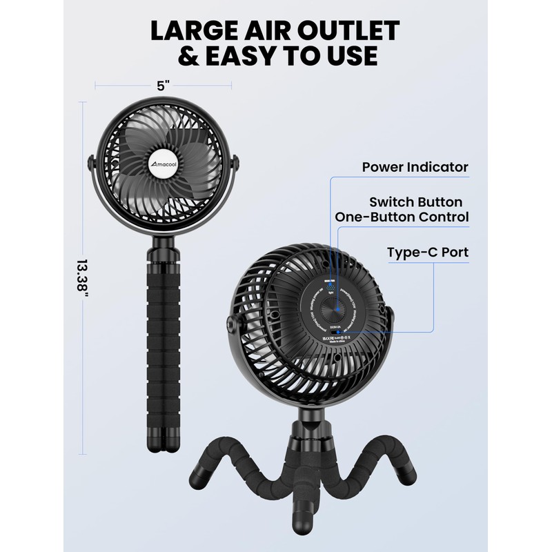 AMACOOL Baby Stroller Fan - 5000mAh Rechargeable, 3-Speed, Strong Yet