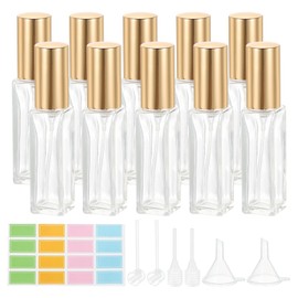 PATIKIL Travel Perfume Bottle Refillable, 10 Pcs 10ml Travel Size Mist Perfume Bottle Empty Glass Sprayer with Labels Funnel Pipette for Liquid Essential Oil, Clear/Gold Tone