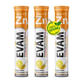 EVÄM Zinc Plus Vitamin C Effervescent Tablets, Lemon Flavour, 3 x 20 Pieces, Vitamin C Zinc Effervescent Tablets, Dietary Supplement to Support the Immune System, Vegan, Made in Germany