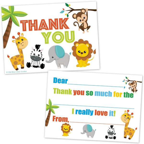 Old Blue Door Invites Safari Jungle Zoo Animals Kids Fill In Thank You Cards - (20 Count with Envelopes) - Thank You Notes for Boys and Girls