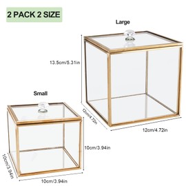 HighFree 2 Pack Glass Qtip Holder with Lid, Gold Glass Box Bathroom Containers for Cotton Balls & Swab, Makeup Sponges, Candles, Bathroom canisters with lids, Real Glass Box with Crystal Knobs