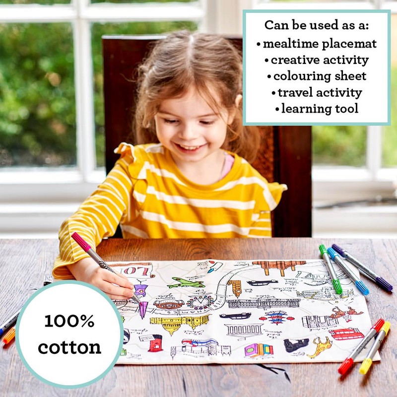eatsleepdoodle Colouring Placemat for Kids w/10pk Washable Markers - Features