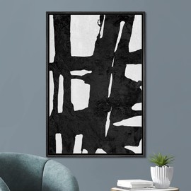 SIGNFORD Framed Canvas Wall Art Bold Ink Stroke with Grid and Texture Abstract Brushstroke Illustrations Minimalism Modern Expressive Black and White for Living Room, Bedroom, Office - 16x24 inches