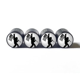 Bigfoot Sasquatch with American Flag (White Background) Tire Valve Caps - Black Aluminum - Set of Four