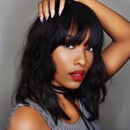 BEAUTIFA Black Wig with Bangs for Women 14 Inch Shoulder Length Short Bob Wavy Curly Wig Black Wig Heat Resistant Synthetic Wigs