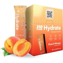 310 Hydrate Electrolyte Powder Packets – Sugar Free Hydration Drink Mix with Key Vitamins & Minerals – Keto Friendly, Low Calorie – 15 Servings, Peach Mango Flavor