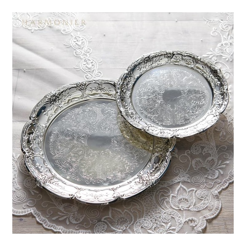 Silver Metal Arabesque Tray, Large, Round, Classic, Moroccan Interior, Stylish