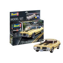 Revell Model Set 67695 71 Oldsmobile 442 1:24 Scale Unbuilt/Unpainted Plastic Model Kit with Contacta Professional Glue, Paintbrush & Selected Aqua Color Paints