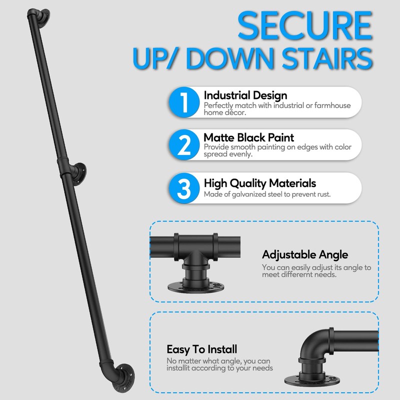 Rectoo Pipe Stair Handrail, 8 Ft Metal Staircase Handrail, Black