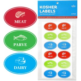 Assorted Kosher Labels, (48 Pack) 16 Blue Dairy, 16 Red Meat, 16 Green Parve Stickers, Oven Proof up to 500°, Freezable, Microwavable, Dishwasher Safe, English, Color Coded Tools (48-Pack)