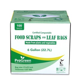 ProGreen Compostable Trash Bags, Extra Thick, Compost Kitchen Bin Bags, Food Scraps Yard Waste Bags, ASTM D6400 BPI and TÜV AUSTRIA Certified (6 Gallon, Pack of 100)