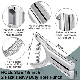 Heavy Duty Hole Punch Single One Hole Puncher Paper Hole Punch Long Reach Reduced Effort 2 Inch Deep Throat Hand Alloy Punch for ID PVC Cards 5 Inch Tall 25 Sheet Capacity(2 Pcs,1/8 Inch Hole)
