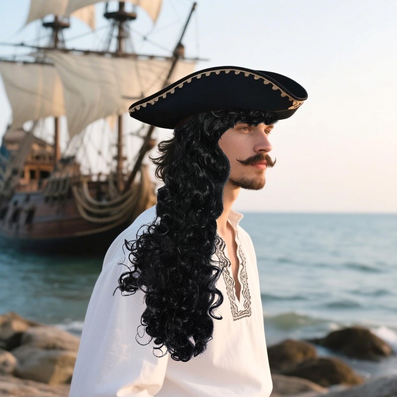 Sdfvsdg Pirate Captain Wigs Long Black Wavy Curly Pirate Costume