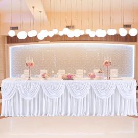 gogoparti White Ruffle Table Skirt for Rectangle Tables 14ft White Tutu Tablecloth for Wedding Birthday Party Bridal Banquet