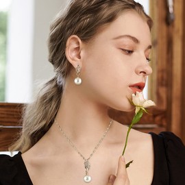 FFWTPY Jewellery Set Women's Wedding Necklace Stud Earrings Set Pearl Necklace Set Pearl Jewellery Set Crystal Stud Earrings Bridal Pendant Necklace Silver Bridal Jewellery for Wedding Anniversary,