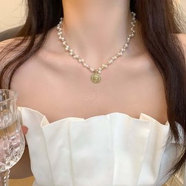 Xduargs Boho Pearl Necklace Choker Gold Locket Coin Necklace Chain Vintage Disc Coin Choker Necklace Round Pearl Beads Choker Necklace For Women, Zinc, No Gemstone