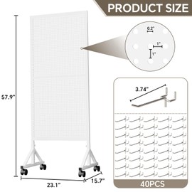 Rasdwt Metal Pegboard Display Stand 2 x 4.9 Feet, Adjustable Height with 40 Peg Board Hooks and Wheels, pegboard Display Rack, Craft Display Rack, Retail Display Rack, Garage Peg Board, Pegboard