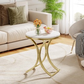 Tribesigns 1PCS Round Side Table Faux Marble Top Gold Metal Legs, Modern End Table Nightstand for Living Room, Bedroom (Particle Board + Powder-Coated Iron Frame)