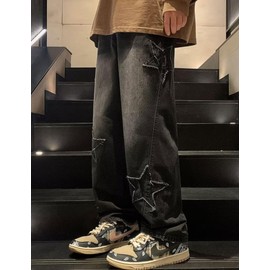 FCOOLYEET Y2k Jeans Men Harajuku Baggy Star Denim Pants Straight Leg Hip Hop Graphic Streetwear Jeans Black
