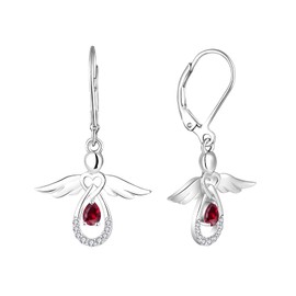 FJ Guardian Angel Dangle Drop Earrings 925 Sterling Silver Teardrop Leverback Ruby Earrings July Birthstone Jewelry for Women