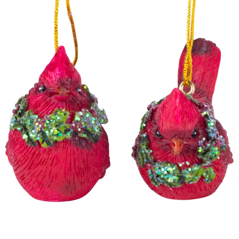 Raz 2.5" Cardinal with Wreath Ornament Set of 2