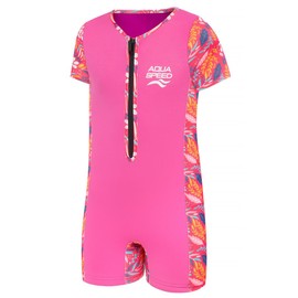 Aqua Speed Mistral Perle Neoprene Onesie with Small 30 x 30 Microfibre Cloth Boys and Girls 1-8 Years, Colour: Floral Pink/Purple, Size: 1-2 Years