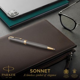 Parker Sonnet Ballpoint Pen | Grey Lacquered with Gold Trims | Medium Tip | Refill Pack Black Ink | Gift Box | Perfect Graduation Gifts