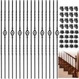 Iron Balusters for Staircase, 16 Pack Wrought Iron Balusters, 1/2" Hollow Stair Spindles Stair Balusters, Metal Balusters Spindles for Decks W/ 32 Pack Baluster Shoes